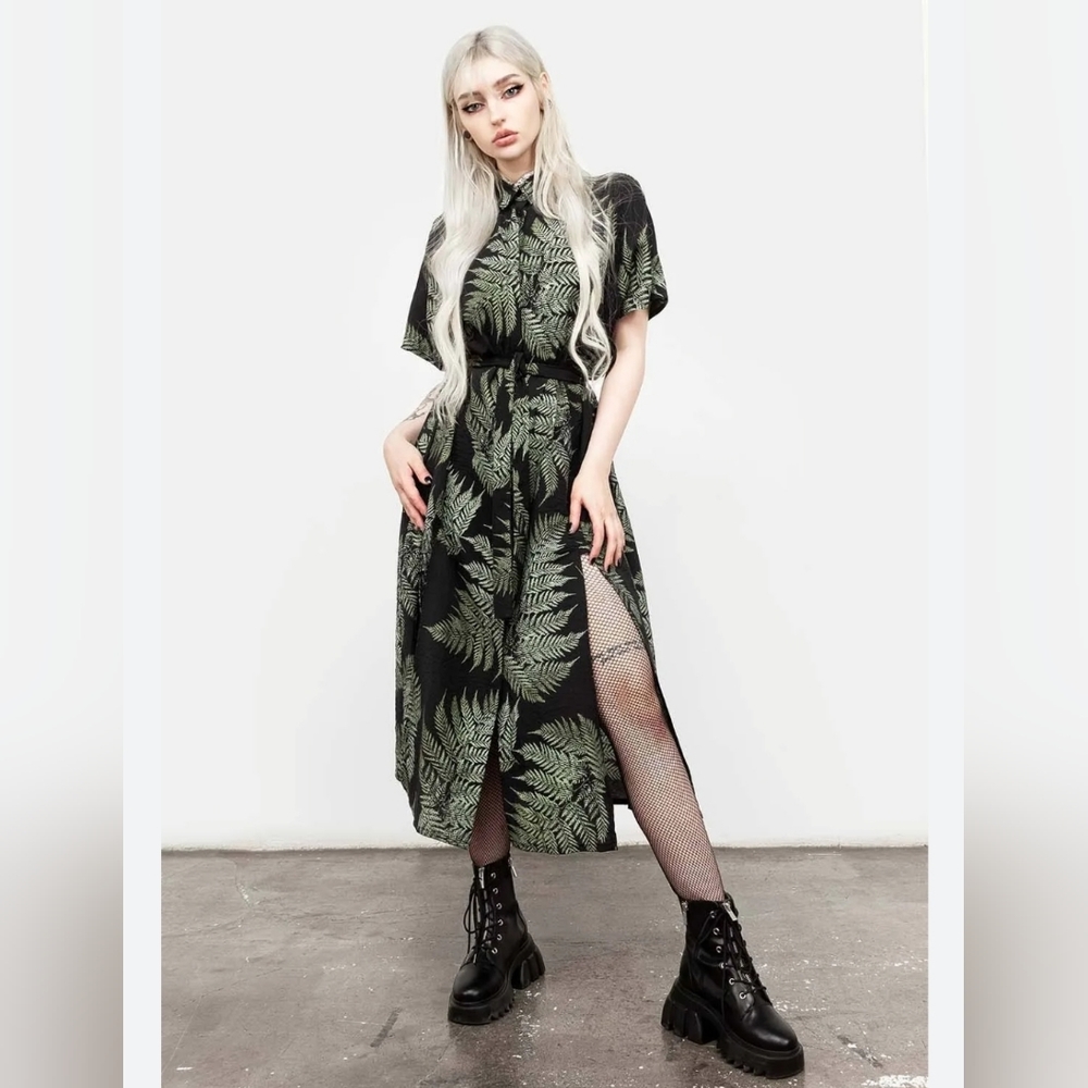 DISTURBIA Black and Green Fern Midi Shirt Dress Size 8